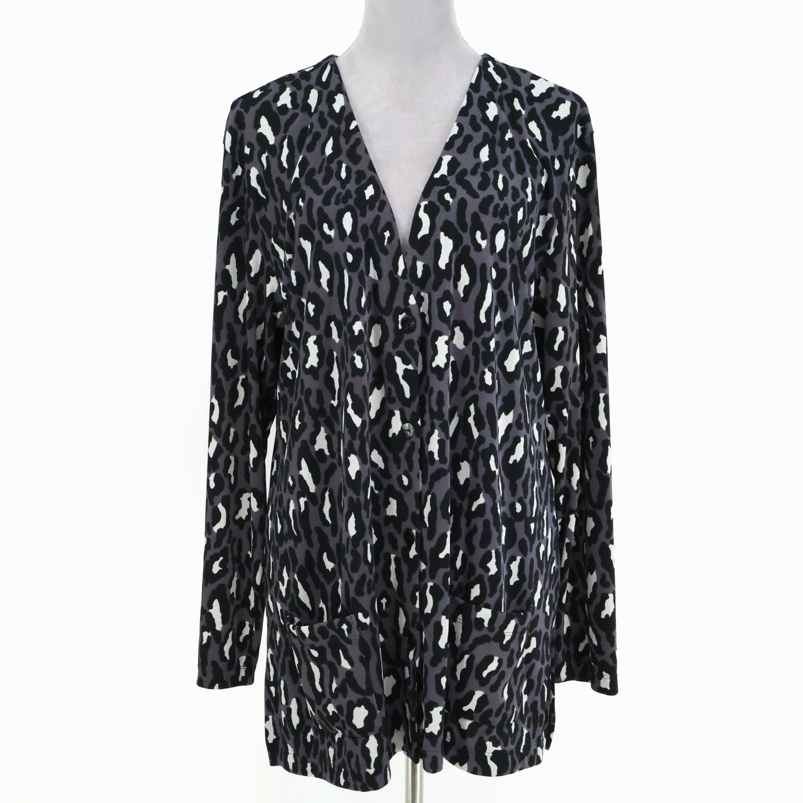 Chicos Sweater 3 Womens Xl 16 Black Gray Print Stretch Knit Cardigan Additions